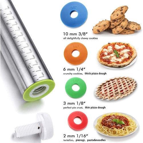Adjustable Stainless Steel Rolling Pin Dough Roller with 4 Removable Adjustable Thickness Rings, Smooth Non Stick for Baking Dough, Pizza, Pie, Pasta, Pastries, Cookies - Toytexx Adjustable Stainless Steel Rolling Pin Dough Roller with 4 Removable Adjustable Thickness Rings, Smooth Non Stick for Baking Dough, Pizza, Pie, Pasta, Pastries, Cookies - Toytexx